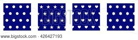 Abstract Geometric Background Seamless Pattern Tile Vector Set. White Circles, Stars, Hearts On Deep