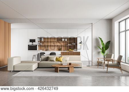 Living Room Interior With White Kitchen Behind The Sofa With Coffee Table. Table With Chairs Near Th