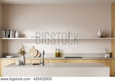 Interior With Double Sided Kitchen Cabinet. Marble And Wooden Details, Shelf In The Upper Part, Stov
