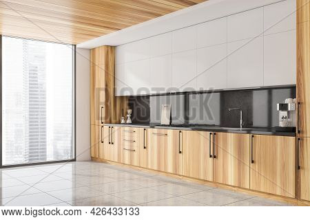 Half Wooden Modular Kitchen Cabinet And Panoramic View At The Corner. White Upper Part, Black Splash