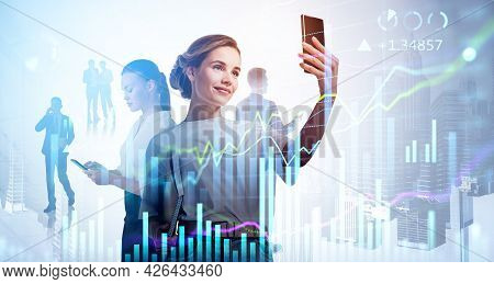 Smiling Business Woman Checking News By Smart Phone. Diverse Working Business People. Skyscrapers An