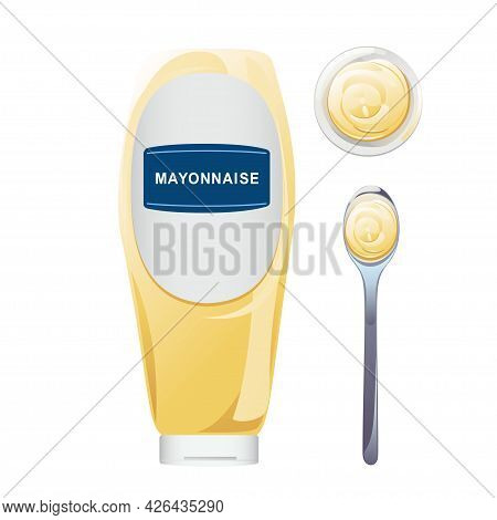 Mayonnaise In Glass Bottle With Spoon Set. Jar With White Sauce. Condiment Container In Cartoon Styl