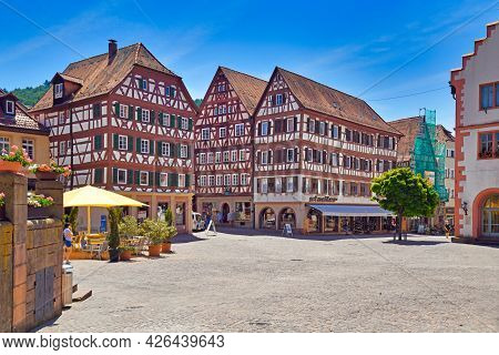 Mosbach, Germany - June 2021: Market Place With Beautiful Historic Timber-framed Houses On Sunny Day