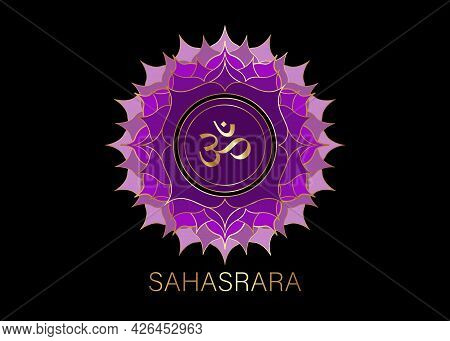 Seventh Chakra Sahasrara Logo Template. Crown Chakra Symbol, Purple Golden Sacral Sign Meditation, Y