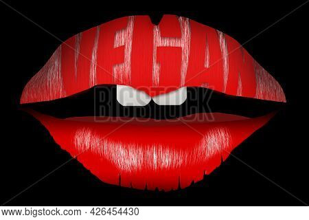 The Word Vegan Is Seen On The Upper Lip Of A Set Of Lips And Teeth In This 3-d Illustration.