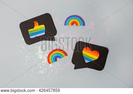 Happy Pride Month Banner For Lgbt Rights Or Social Issues Event. Colorful Rainbow Heart And Thumb Up