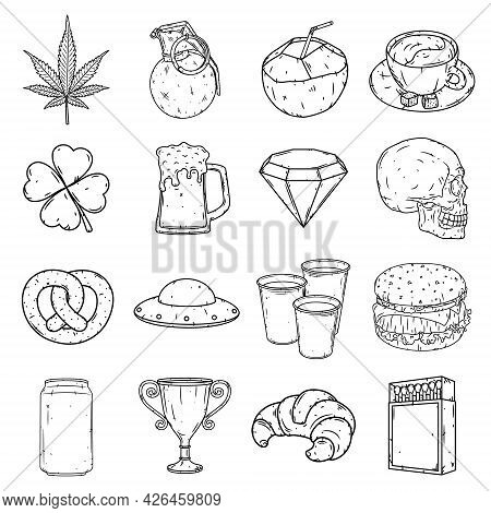 A Large Set Of Different Drawings Isolated On A White Background.