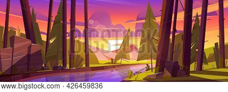 Summer Forest With River, Green Grass And Mountains On Background. Sunset Scene Of Natural Park With