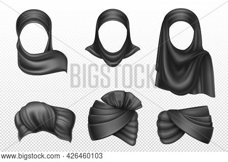 Black Turbans And Hijabs, Indian And Arab Headdress For Man And Woman. Vector Realistic Set Of Windi