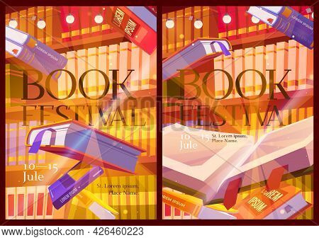 Book Festival Posters With Library Interior. Invitation Flyers To Event With Literature Presentation