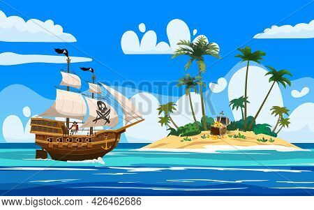 Pirate Ship Naval Armed N Ocean, Tropical Island, Treasure Cheast, Tropical, Palms. Sea Landscape Co