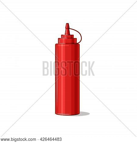 Tomato Ketchup. Hot Sauce Packed In Plastic Bottle. Fast Food. Vector Illustration