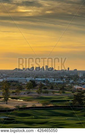 The Phoenix Arizona skyline at sunset near Papago Park