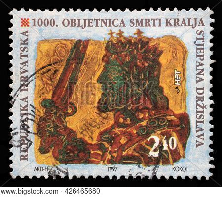 ZAGREB, CROATIA - AUGUST 29, 2014: A stamp printed in Croatia shows King Stjepan Drzislav, Series Croatian Kings, circa 1997