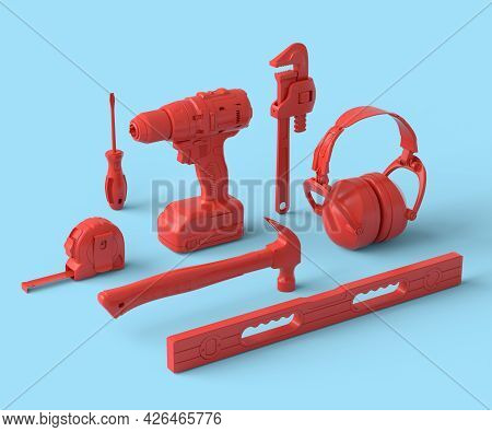 Isometric View Of Monochrome Construction Tools For Repair And Installation On Blue And Redbackgroun