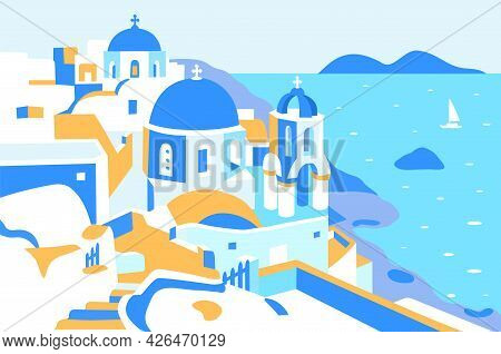 Santorini Island, Greece. Beautiful Traditional White Architecture And Greek Orthodox Churches With 
