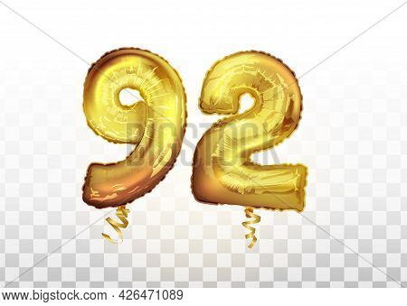 Vector Golden Foil Number 92 Ninety Two Metallic Balloon. Party Decoration Golden Balloons. Annivers
