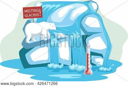 Polar White Bear Sitting On Melting Ice In Sea At North Pole Arctic, Wild Animal Need Help. Global W