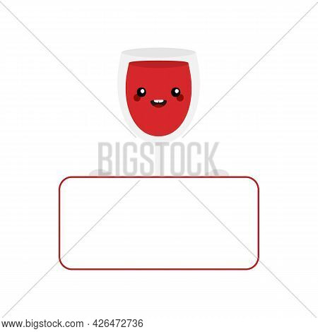 Cute And Happy Cartoon Style Red Wine Glass Character Holding In Hands Blank Card, Banner.