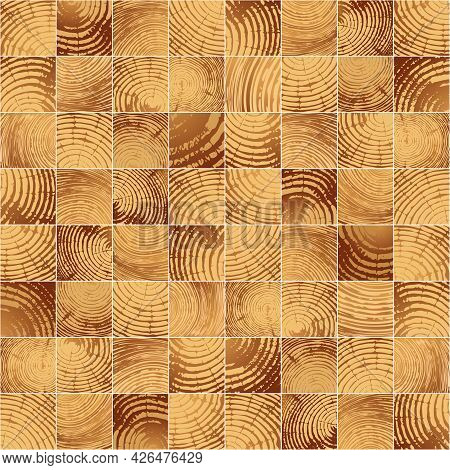 Mosaic Seamless Pattern From Wooden Square Bars. The Texture Of The Saw Cut Wood. Tree Trunk Rings. 