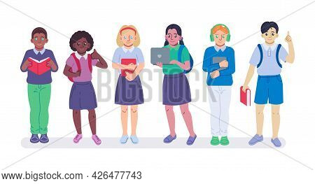 Back To School Flat Icons Set, Colorful Symbols Pack Contains - Multiethnic School Kids With Books, 