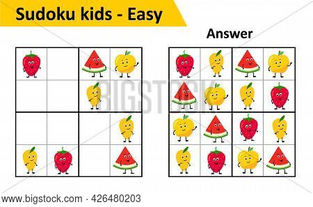 Sudoku Kids Game With Answers. Cute Fruit Characters In 4x4. Game For Small Children.