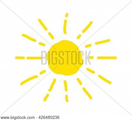 Sun Is Drawn By Child. Funny Vector Doodle Suns. Hand Drawn. Summer, Sunlight.