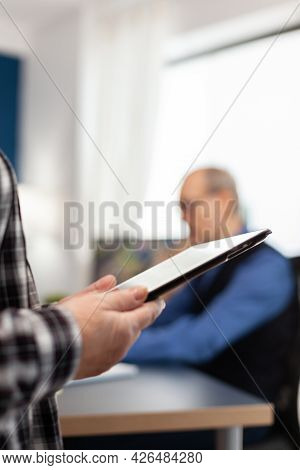 Midsection Senior Woman Using Digital Tablet In Home. Close Up Of Elderly Woman Using Moder Technolo