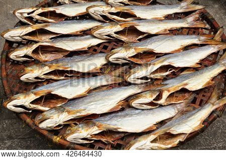Local Life Lifestyle Of Macanese People Dried Sun Fish Seafood For Food Preserves On Bamboo Wicker B