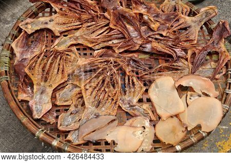 Local Life Lifestyle Of Macanese People Dried Sun Fish Seafood For Food Preserves On Bamboo Wicker B