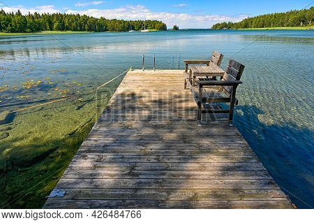 Jetty With Bathing Ladder In Lake Vattern Sweden