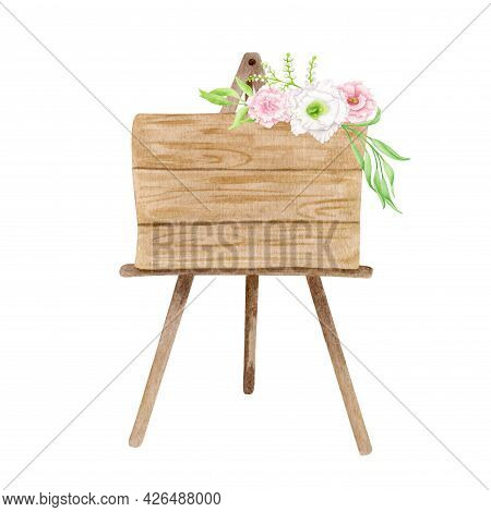 Watercolor Welcome Signboard Illustration. Hand Painted Wood Easel With Flowers And Leaves Isolated 