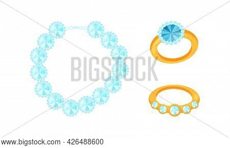 Golden Ring With Gem And Necklet As Jewellery Or Jewelry Item And Personal Adornment Vector Set