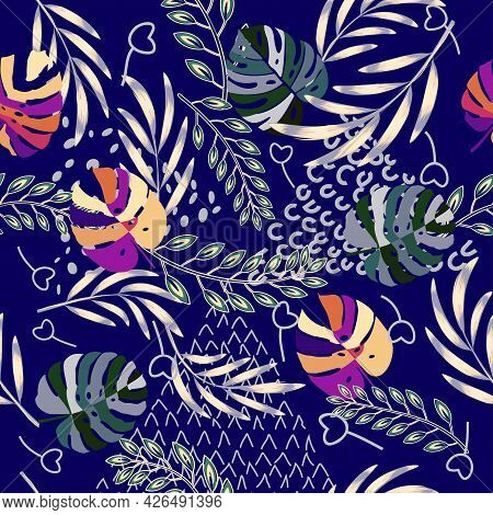 Palm Leaves On Colorful Background. Vector Illustration Design Element Set. Summer Vector Illustrati