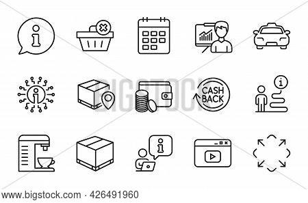 Line Icons Set. Included Icon As Delivery Box, Info, Parcel Tracking Signs. Cashback, Coffee Machine