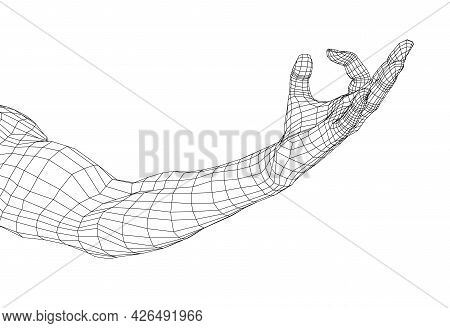 Hand Hold Some Tiny Or Thin Object. Vector Rendering Of 3d. Wire-frame Style. Hand Hold Somethin