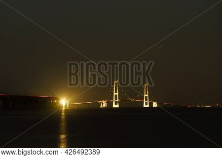 The Bridge Across The Great Belt - The Storebaelt Bridge In Denmark, Night Time.