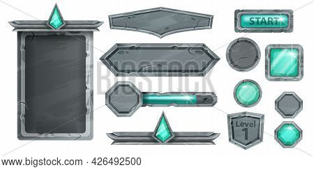 Stone Ui Game Vector Kit, Medieval Rock Signboard, Menu Frame, Gemstone Emerald Button, Level Up Shi