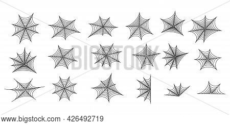Set Of Black Silhouettes Of Spider Web. Spooky Horror Design Decoration For Halloween Party. Spooky 