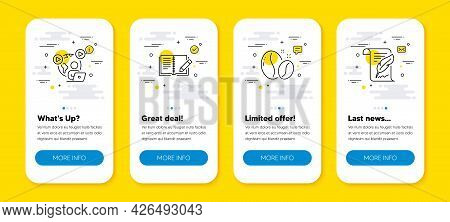 Vector Set Of Video Conference, Coffee Beans And Feedback Line Icons Set. Ui Phone App Screens With 