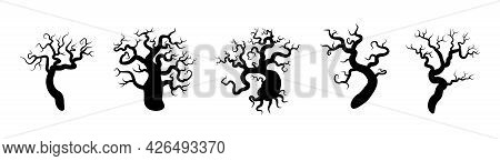 Set Of Black Silhouettes Of Trees. Spooky Horror Design Decoration For Halloween Party. Spooky Backg