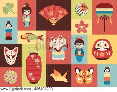 Japanese Toys. Asian Cultural Elements. Mini Banners With National Items. Lucky Symbols. Kokeshi Dol