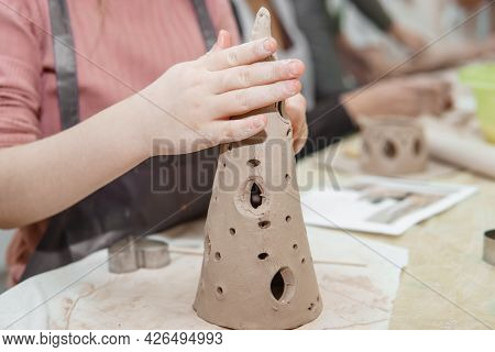 Women's Hands Knead Clay, Drawing Elements Of The Product. Production Of Ceramic Products At The Mas