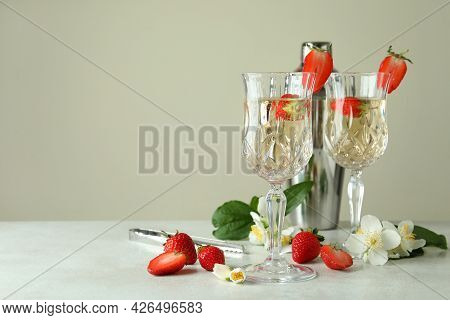 Concept Of Delicious Drink With Rossini Cocktail On White Textured Table