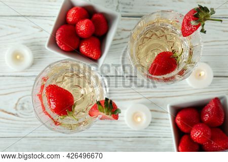 Concept Of Delicious Drink With Rossini Cocktail On White Wooden Table