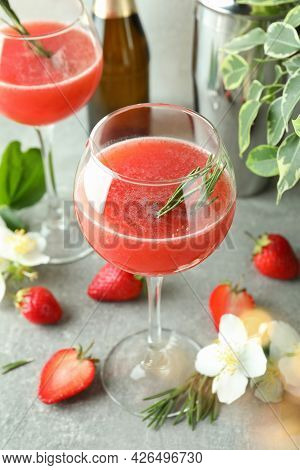 Concept Of Delicious Drink With Rossini Cocktail On Gray Textured Table