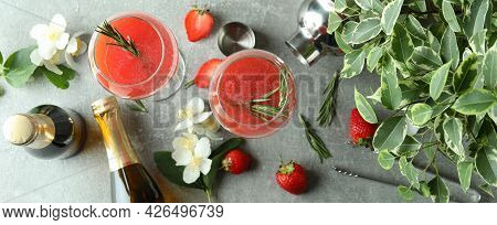 Concept Of Delicious Drink With Rossini Cocktail On Gray Textured Table