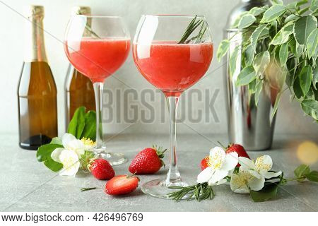 Concept Of Delicious Drink With Rossini Cocktail On Gray Textured Table