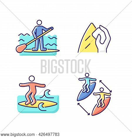 Riding Waves In Ocean Rgb Color Icons Set. Paddle Board Surfing. Surfboard Wax. Noseriding Technique