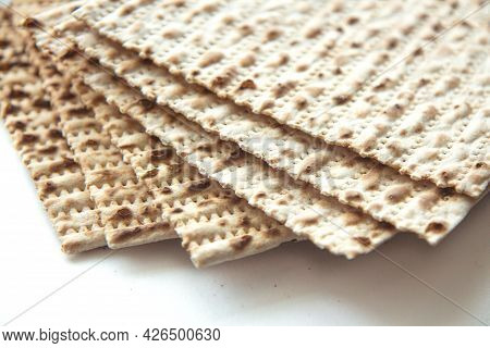 Traditional Jewish Kosher Matzo For Passover. Set With Passover Matzos On White Background. Pesach C